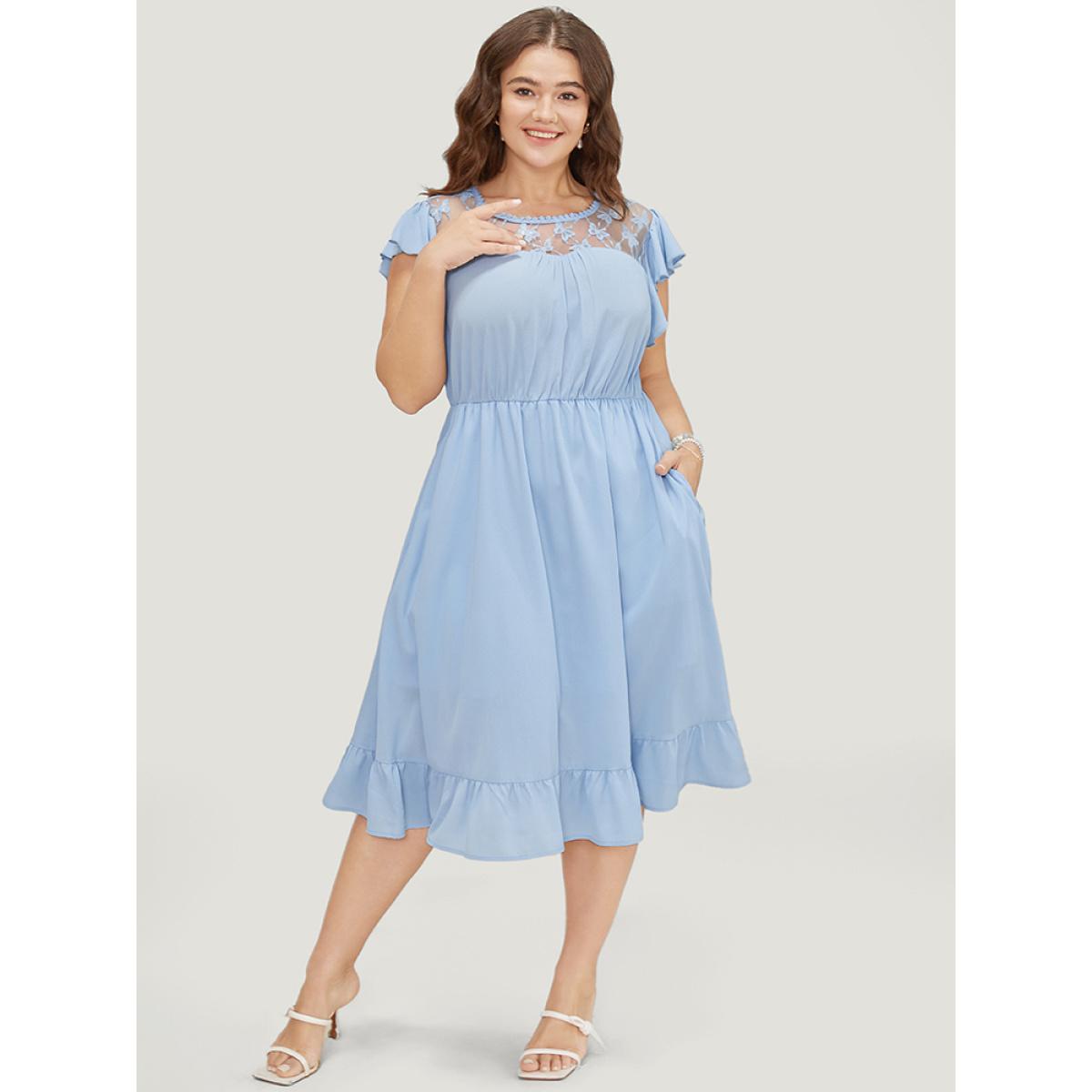 Plus Size Plain Butterfly Lace Cap Sleeve Pocket Ruffle Hem Dress LightBlue Women Office Lined Round Neck Cap Sleeve Curvy Midi Dress BloomChic 14-16/1X Product Image