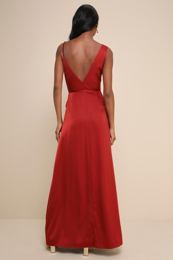Poised Sophistication Rust Red Satin Wrap Maxi Dress Product Image