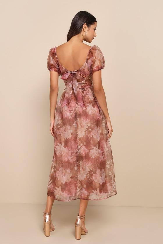 Lovely Statement Light Brown Floral Organza Tie-Back Midi Dress Product Image
