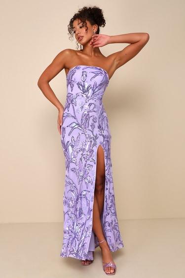 Shimmering Icon Lavender Sequin Lace-Up Strapless Maxi Dress Product Image
