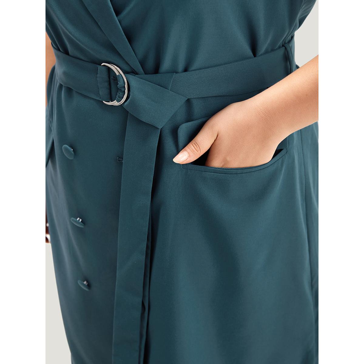 Plus Size Plain Belted Lapel Collar Sleeveless Blazer Aegean Women Work Plain Plain Sleeveless Sleeveless Lapel Collar 12/L Pocket Belt Office Blazers BloomChic Product Image