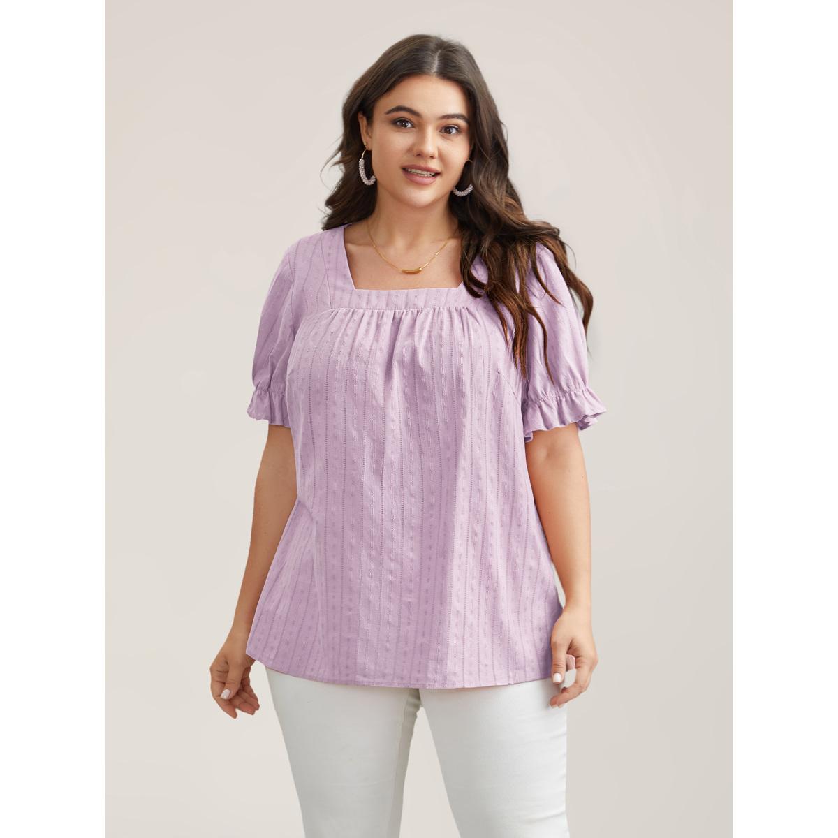 Plus Size Lilac Cotton Square Neck Ruffled Sleeve Shirt Women Timeless Short sleeve Square Neck Elegant Blouses BloomChic 12/L Product Image