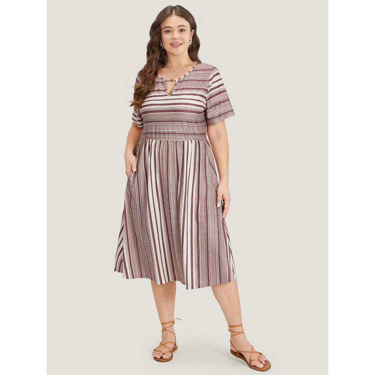 Plus Size Striped Pocket Elastic Waist Keyhole Dress Burgundy Women Casual Cut-Out Round Neck Short sleeve Curvy Midi Dress BloomChic 12/L Product Image