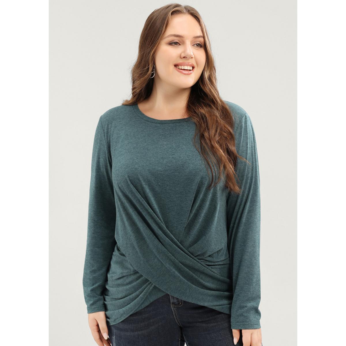 Plus Size Solid Twist Front Round Neck Long Tee Teal Women Elegant Twist-front Plain Round Neck Dailywear T-shirts BloomChic 14-16/1X Product Image