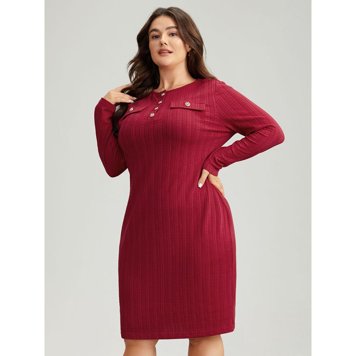 Plus Size Solid Textured Metal Detail Dress Scarlet Women Office Texture Round Neck Long Sleeve Curvy Midi Dress BloomChic 10/M Product Image