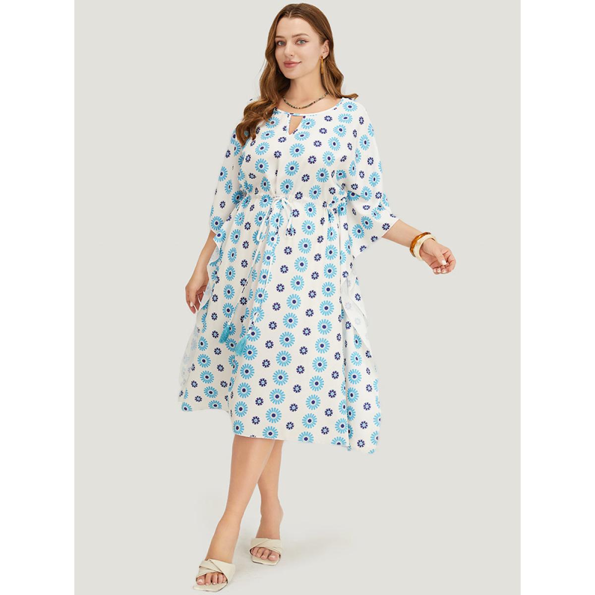 Plus Size Floral Batwing Sleeve Keyhole Knotted Neck Split Dress Cerulean Women Vacation Round Neck Half Sleeve Curvy Midi Dress BloomChic 10/M Product Image