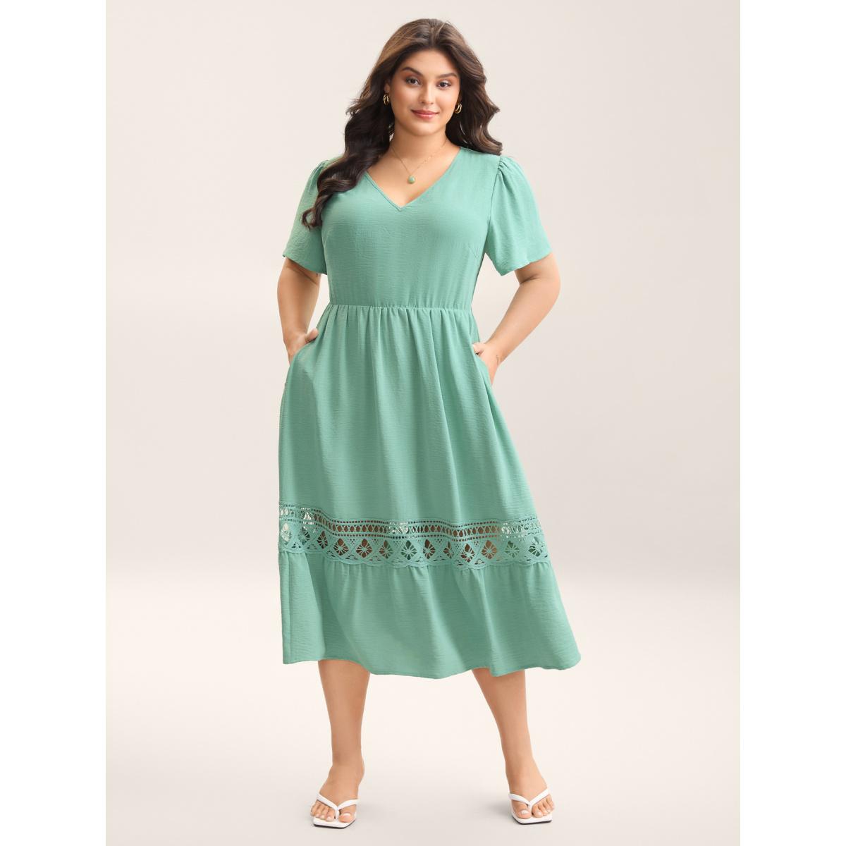 Plus Size Lace Cut-Out Lotus Leaf Sleeve Midi Dress Greenbean Women Elegant Woven ribbon&lace trim V-neck Sleeveless Curvy BloomChic 26/4X Product Image