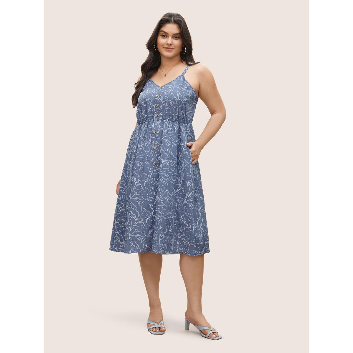 Plus Size Floral Print Button Detail Cami Dress Stone Women Elegant Non V-neck Sleeveless Curvy Midi Dress BloomChic 14-16/1X Product Image