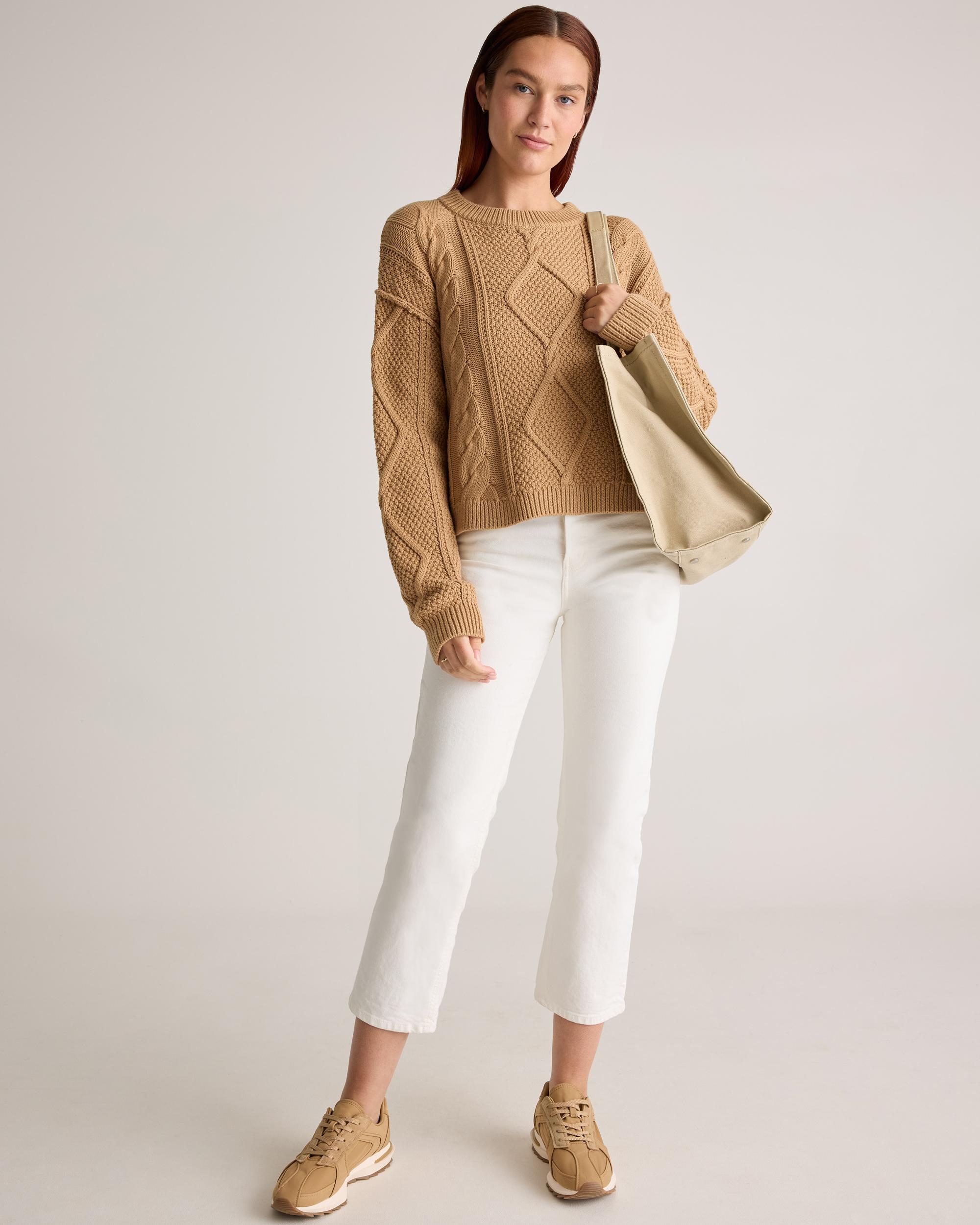 Quince | Women's Cropped Cable Crew Sweater Organic Cotton Product Image
