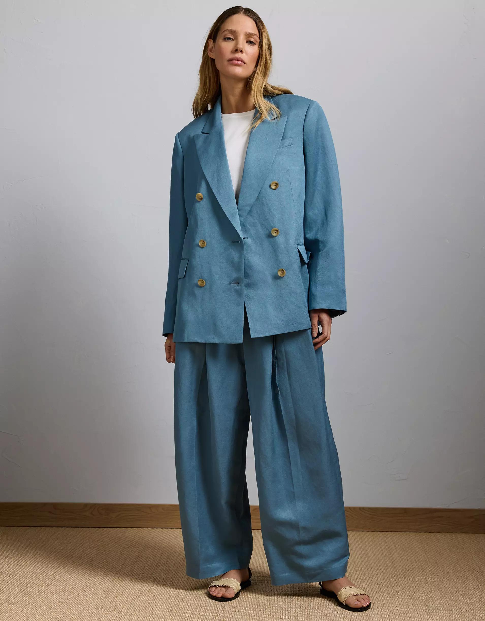 AE77 Premium Linen-Silk Blend Double-Breasted Blazer Product Image