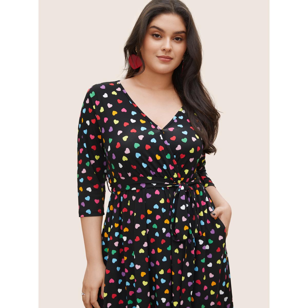 Plus Size Colored Heart Print Belted Overlap Collar Dress Black Women Casual Belted Overlap Collar Elbow-length sleeve Curvy Midi Dress BloomChic 30/6X Product Image