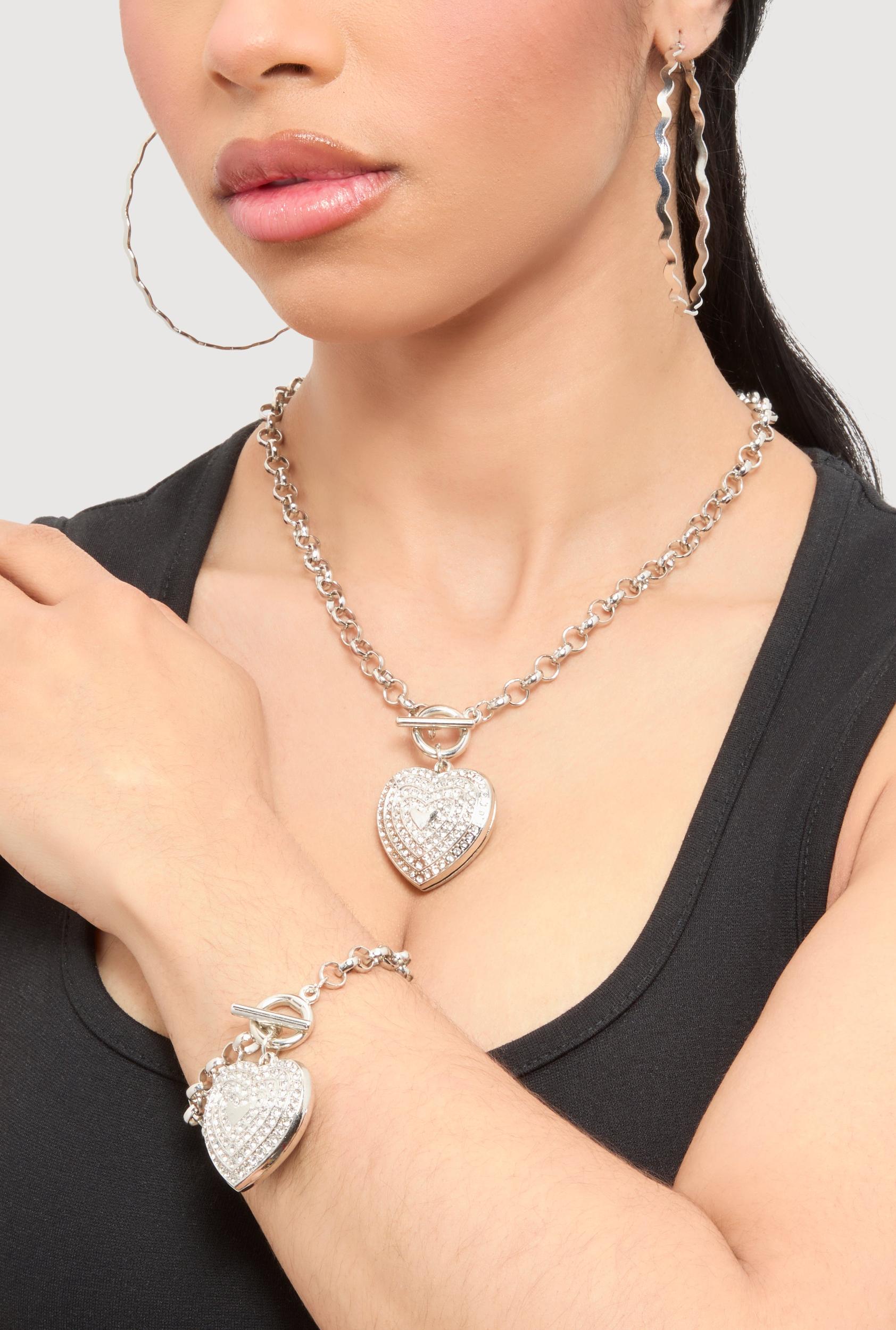 Heart Toggle Necklace and Bracelet with Hoop Earring Trio Unisex Product Image