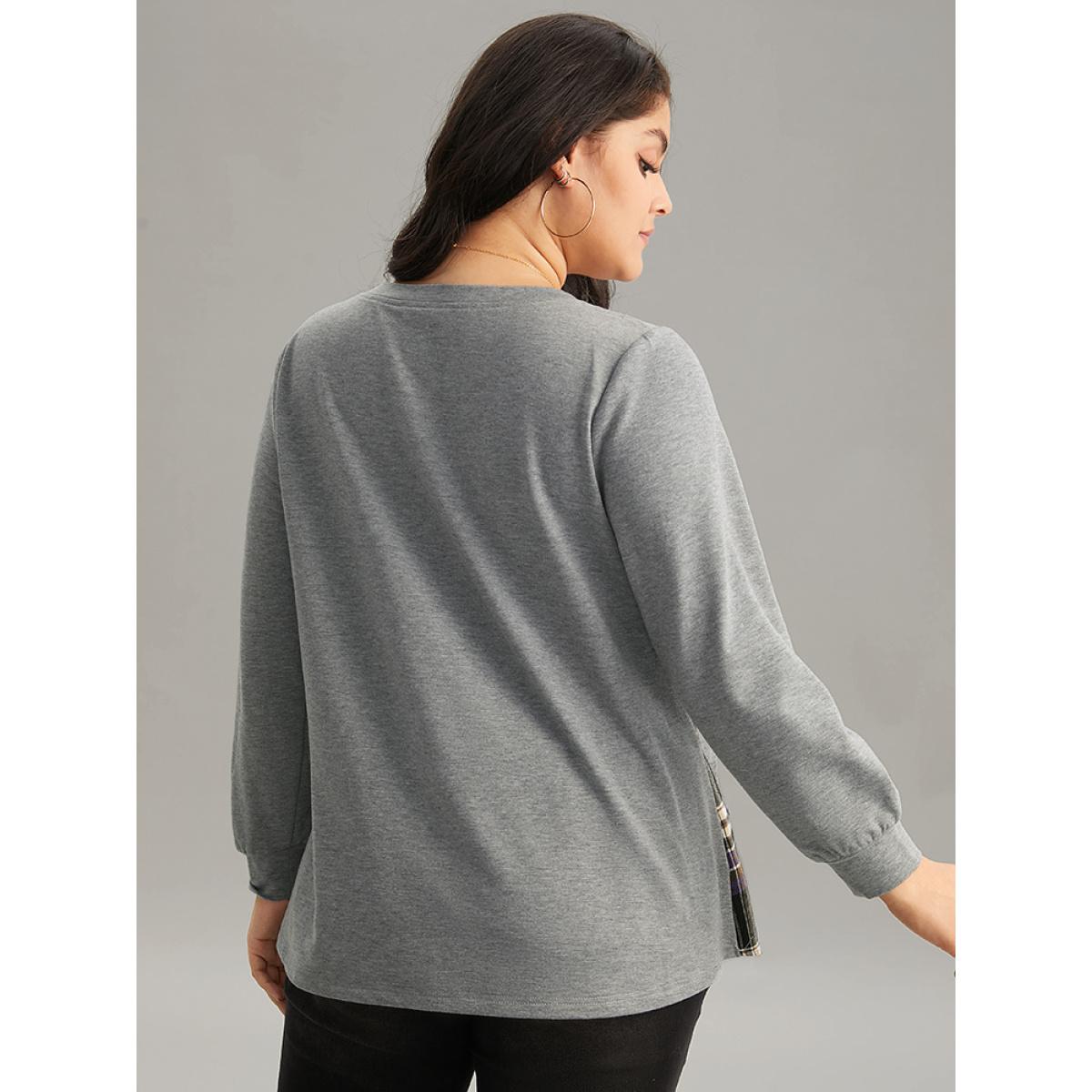 Plus Size Plaid Patchwork Contrast Crew Neck Sweatshirt Women Gray Casual Contrast Round Neck Dailywear Sweatshirts BloomChic 14-16/1X Product Image