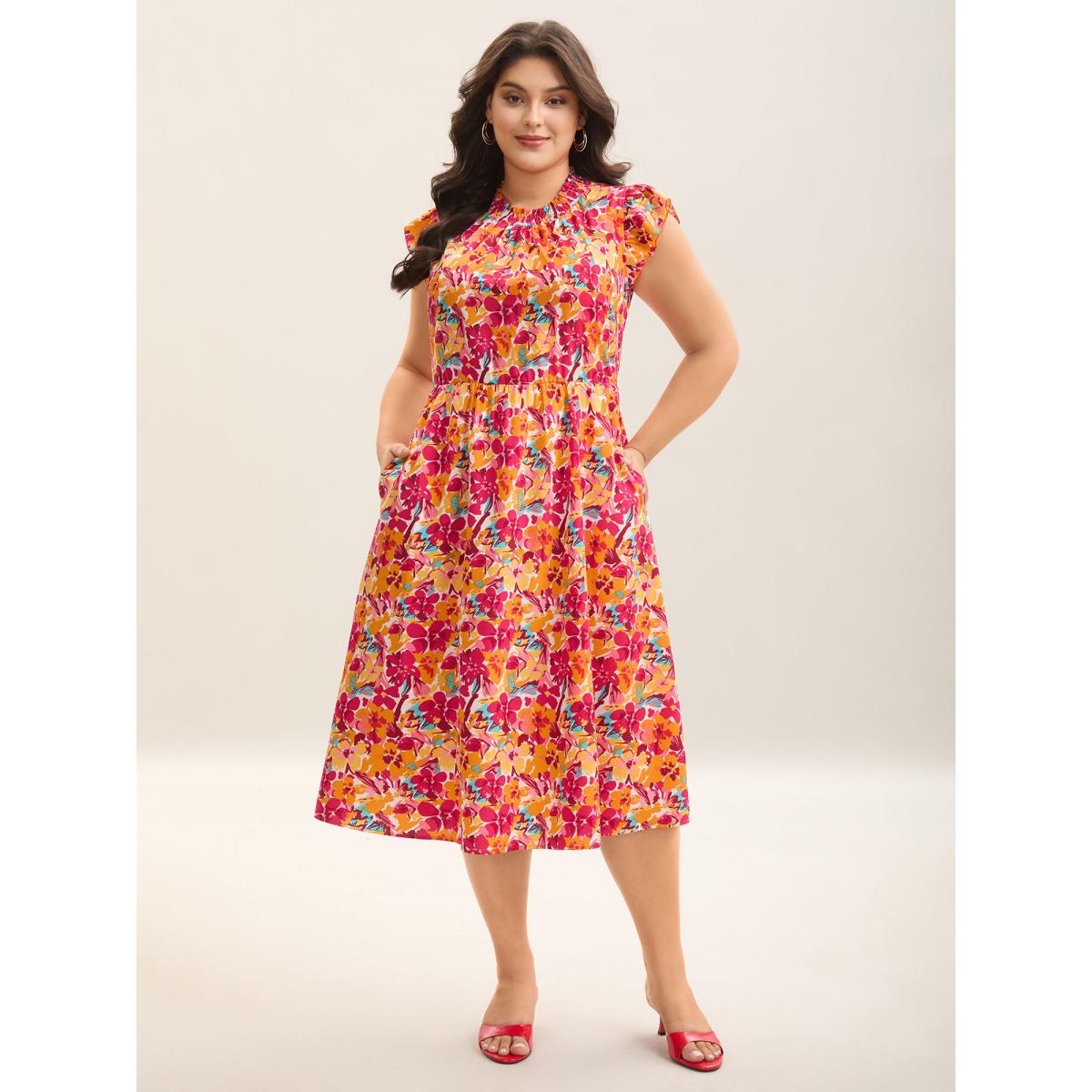 Plus Size Floral Print Shirred Pockets Midi Dress Peach Women Romantic Frill Trim Mock Neck Cap Sleeve Curvy BloomChic 14-16/1X Product Image