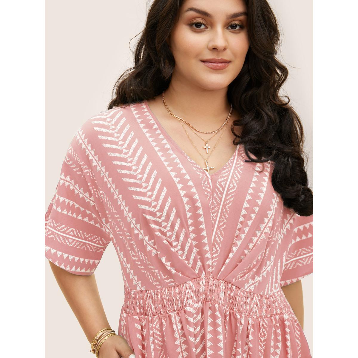 Plus Size Solid Geometric Dolman Sleeve Pocket Shirred Split Hem Dress Crepe Women Boho Non V-neck Half Sleeve Curvy Long Dress BloomChic 30/6X Product Image