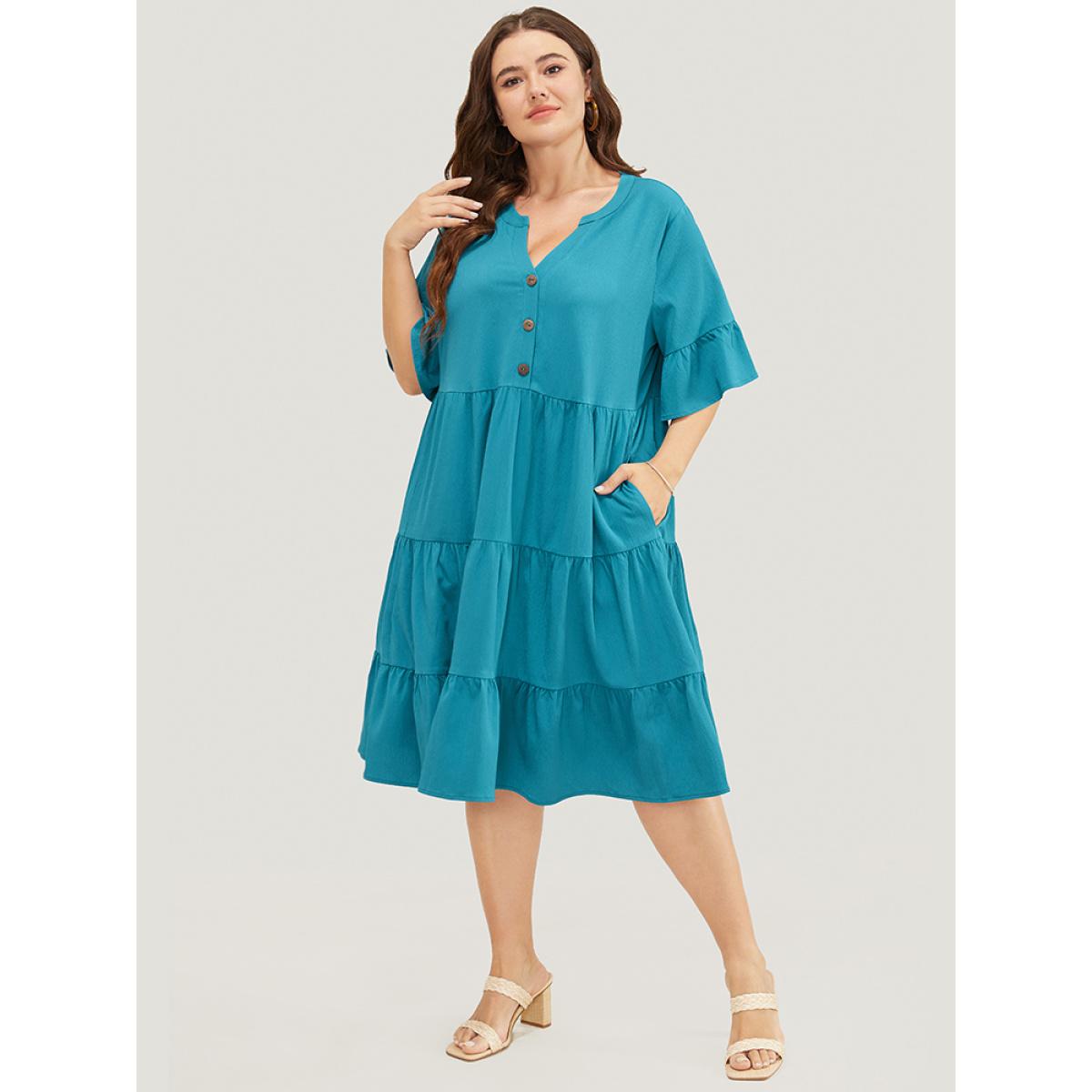 Plus Size Solid Button Detail Pocket Ruffle Tiered Bell Sleeve Midi Dress Cerulean Women Vacation Stand-up collar Half Sleeve Curvy Knee Dress BloomChic 30/6X Product Image