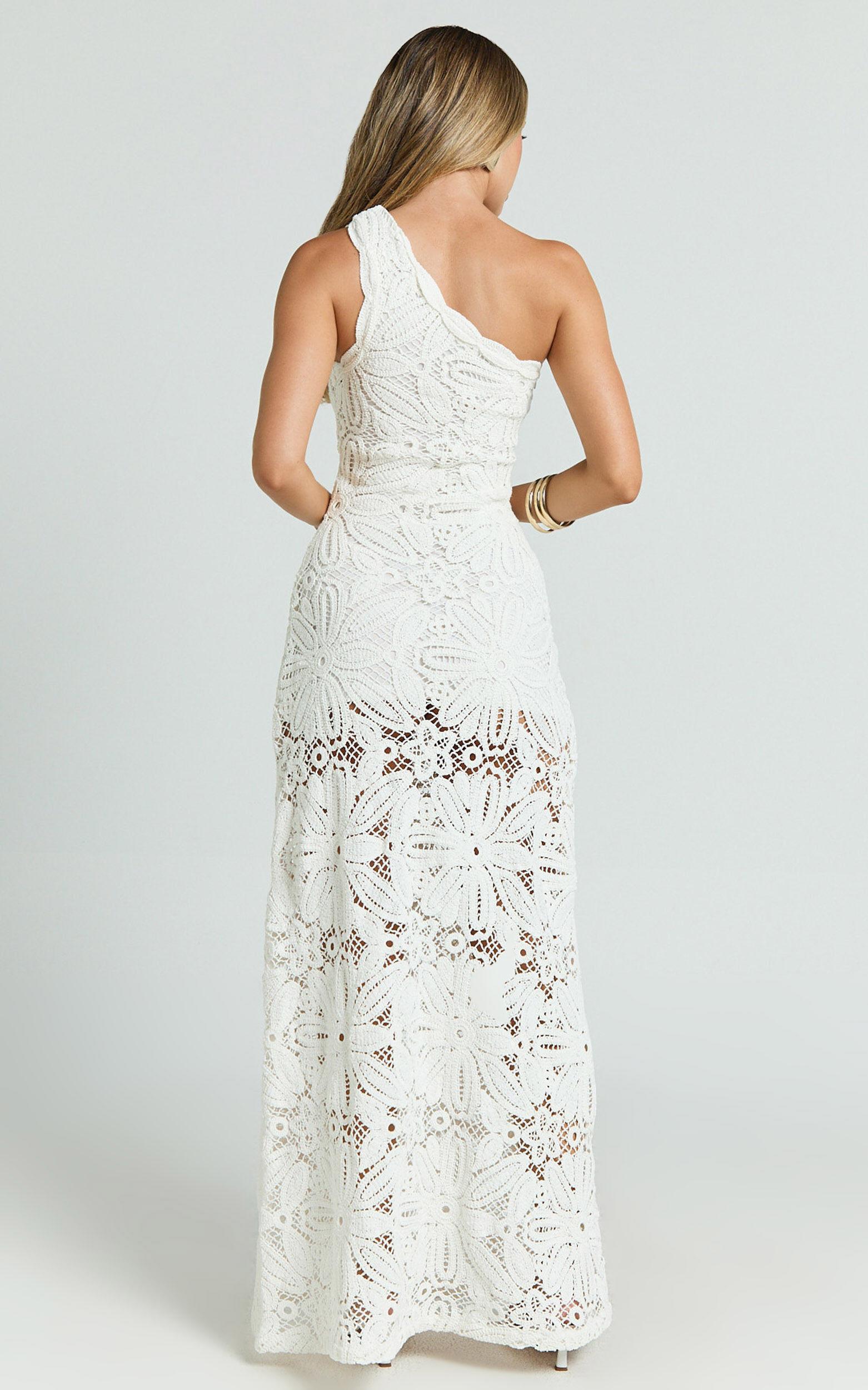 Charlene Maxi Dress - Crochet Knitted One Shoulder Maxi Dress in White Product Image