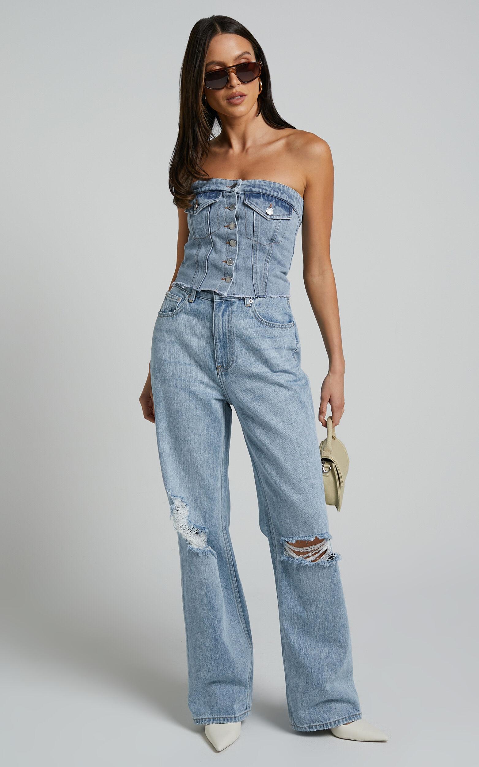 Aubrielle Bustier - Denim Bustier with Pocket Details in Indigo Wash Product Image
