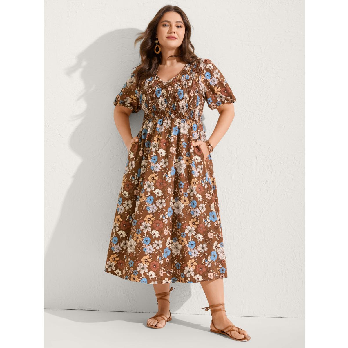 Plus Size Fall Florals Shirred Bodice Midi Dress Yellowishbrown Women Boho V-neck Short sleeve Curvy BloomChic 26/4X Product Image