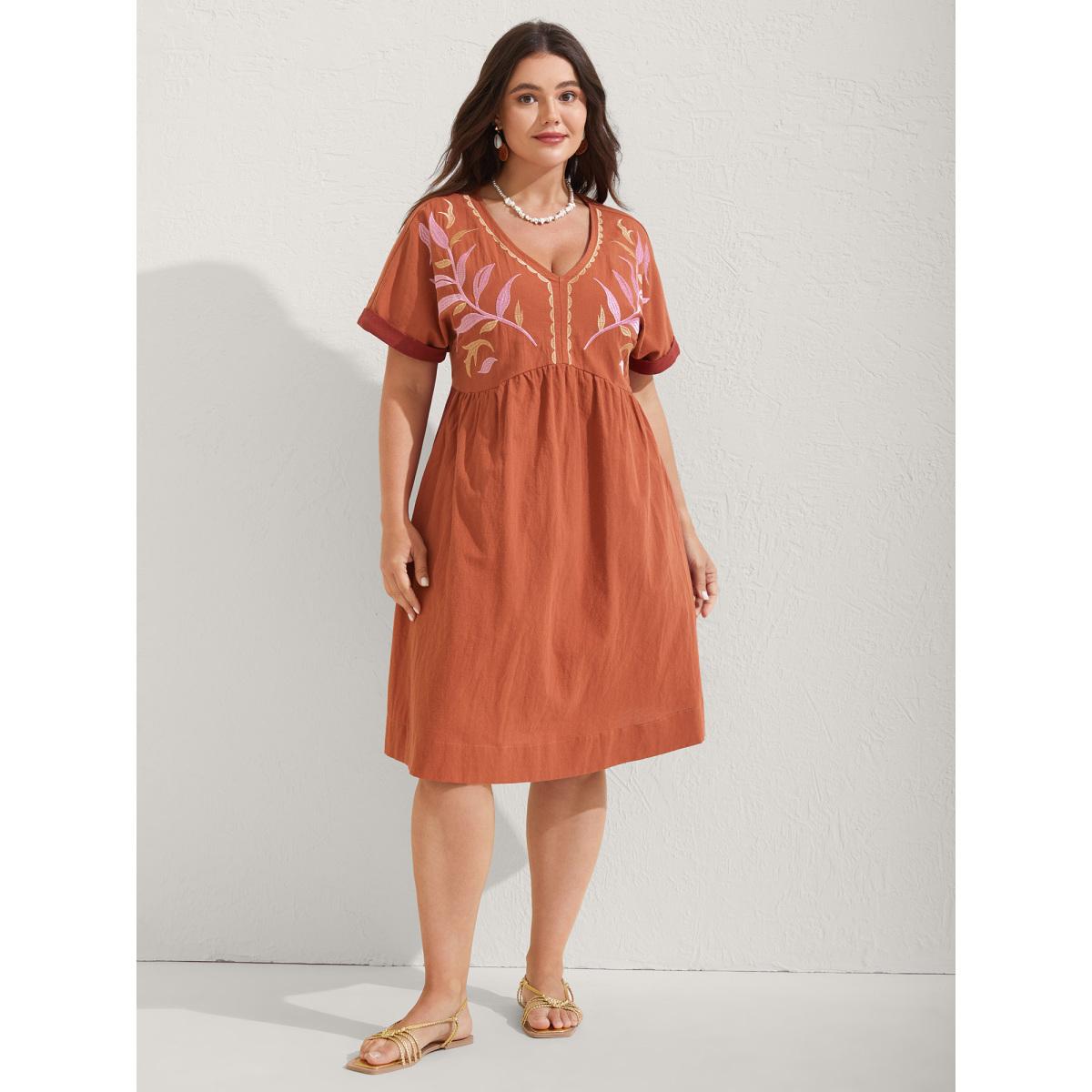 Plus Size Cotton Leafy Embroidery Color Contrast Midi Dress OrangeRed Women Boho V-neck Short sleeve Curvy BloomChic 14-16/1X Product Image