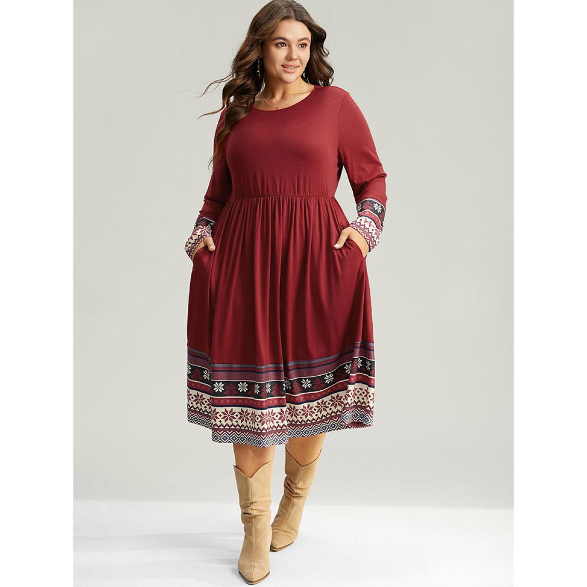 Plus Size Christmas Boho Print Patchwork Elastic Waist Dress Raspberry Women Casual Gathered Round Neck Long Sleeve Curvy Midi Dress BloomChic 30/6X Product Image