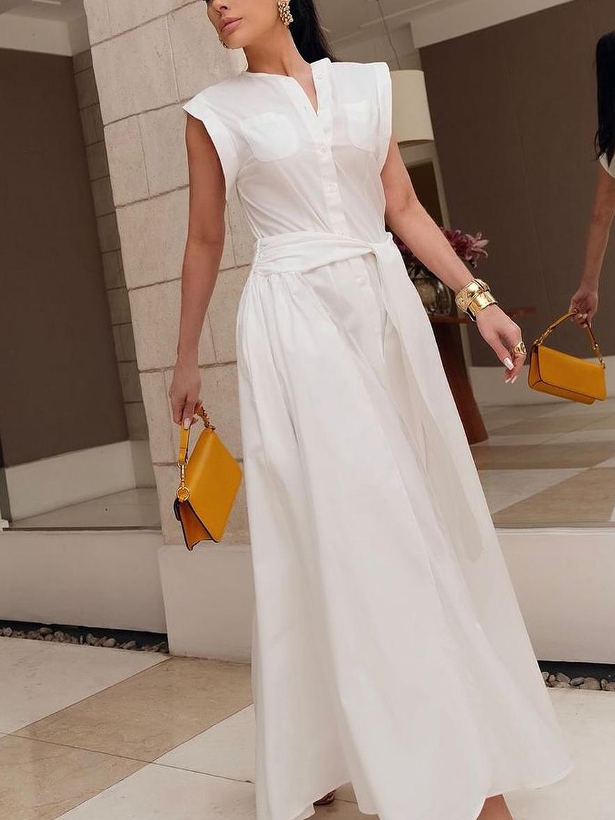 Cap Sleeve Loose Buttoned Solid Color Split-Side Tied Waist Maxi Dresses Shirt Dress Product Image