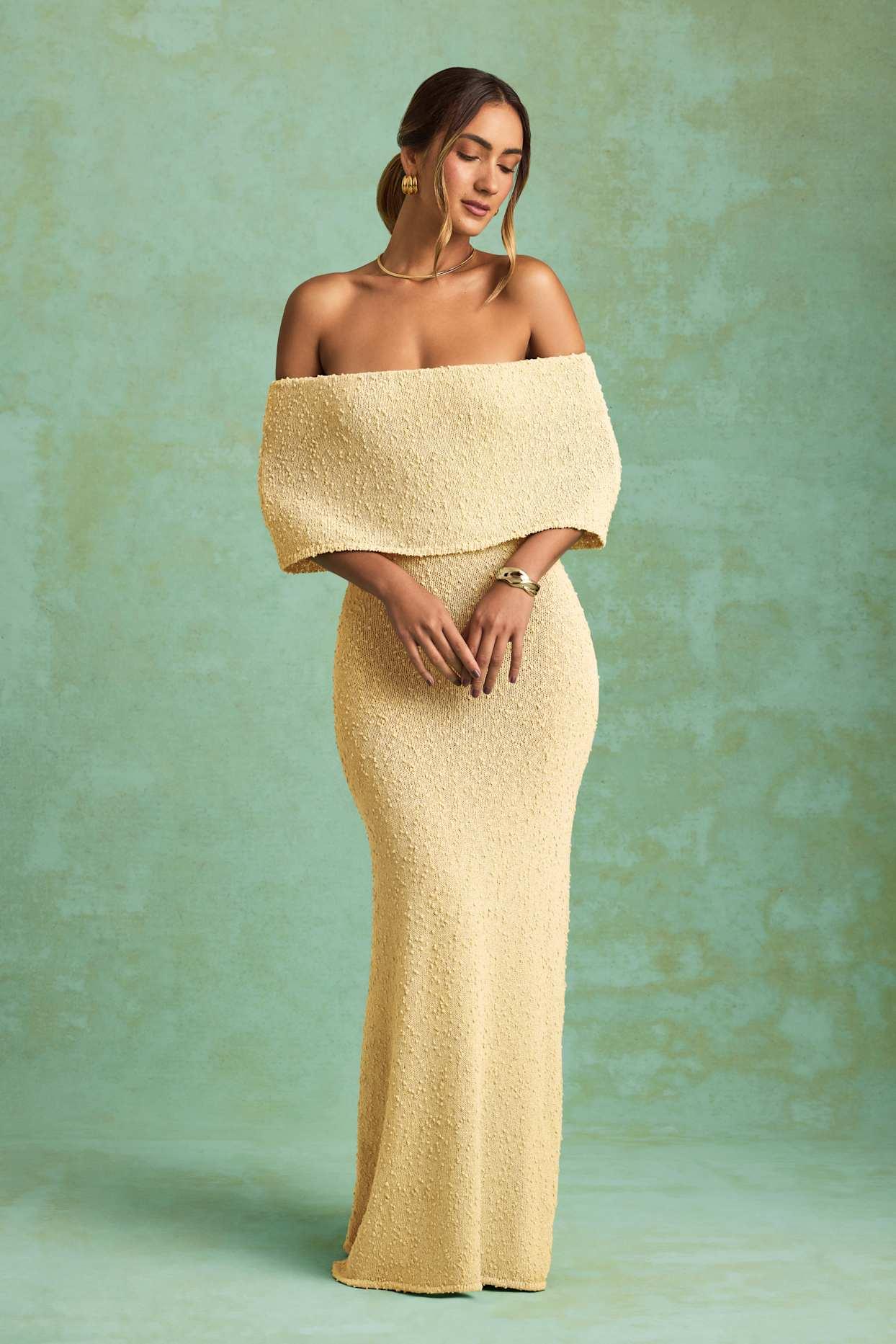 Bouclé Off-Shoulder Maxi Dress in Yellow Girls Product Image