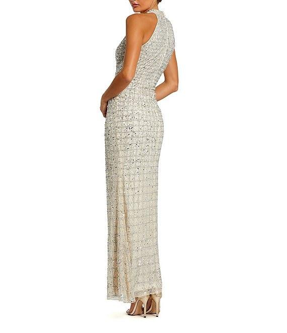 Mac Duggal Keyhole Neck Beaded Mesh Column Gown Product Image