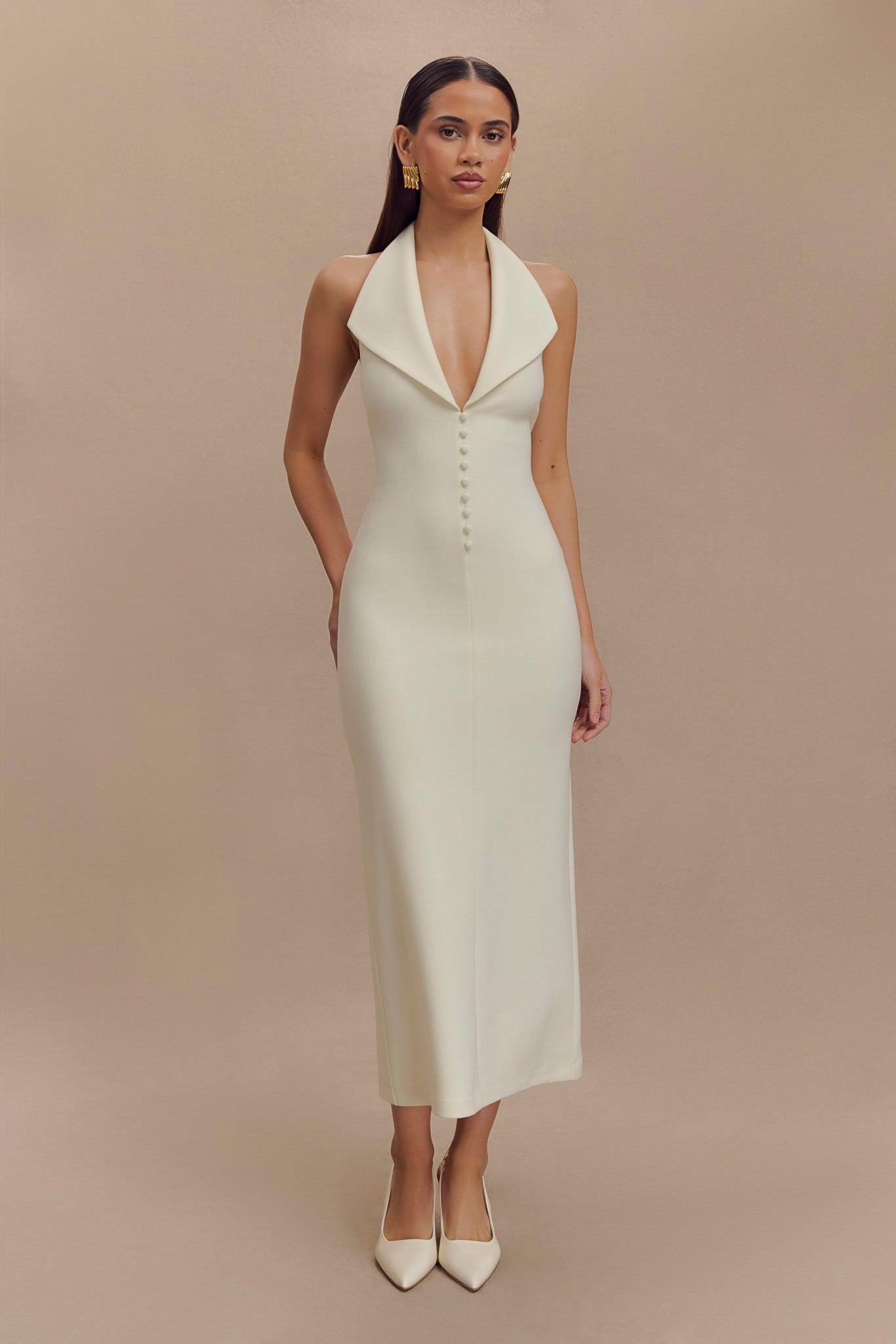 Annita Crepe Halter Midi Dress - Ivory Product Image