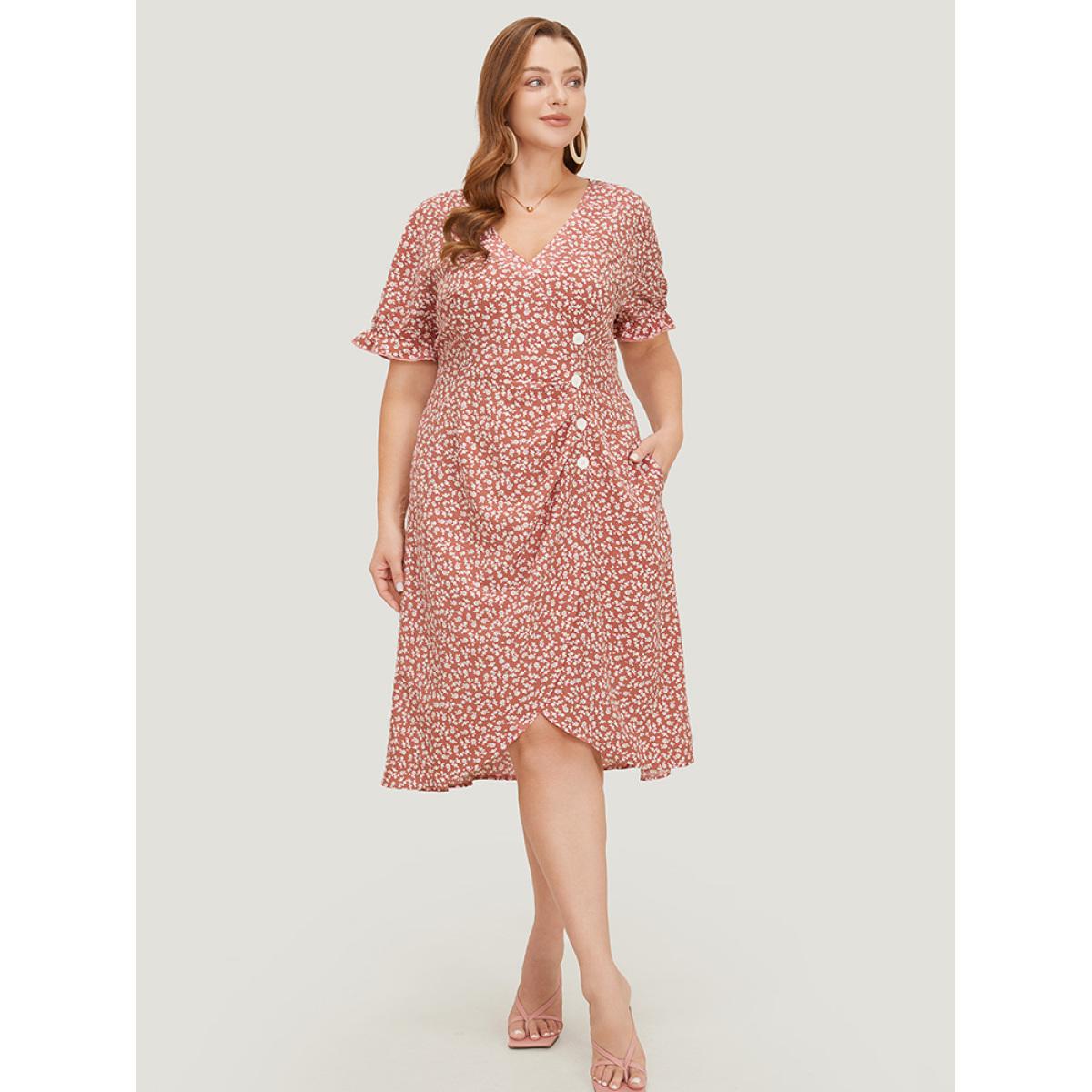Plus Size Ditsy Floral Puff Sleeve Pocket Button Ruched Wrap Dress Russet Women Elegant Ruched V-neck Short sleeve Curvy Midi Dress BloomChic 18-20/2X Product Image