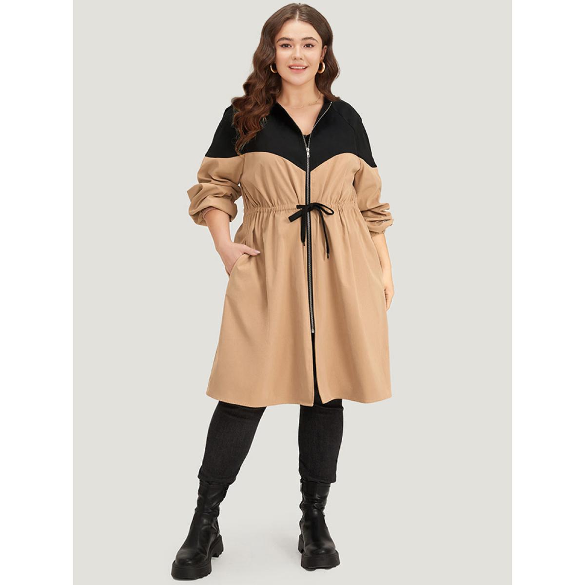 Plus Size Two Tone Drawstring Stand Collar Trench Coat Women LightBrown Dailywear Elastic cuffs Plain 28/5X Pocket Casual Trench Coats BloomChic Product Image