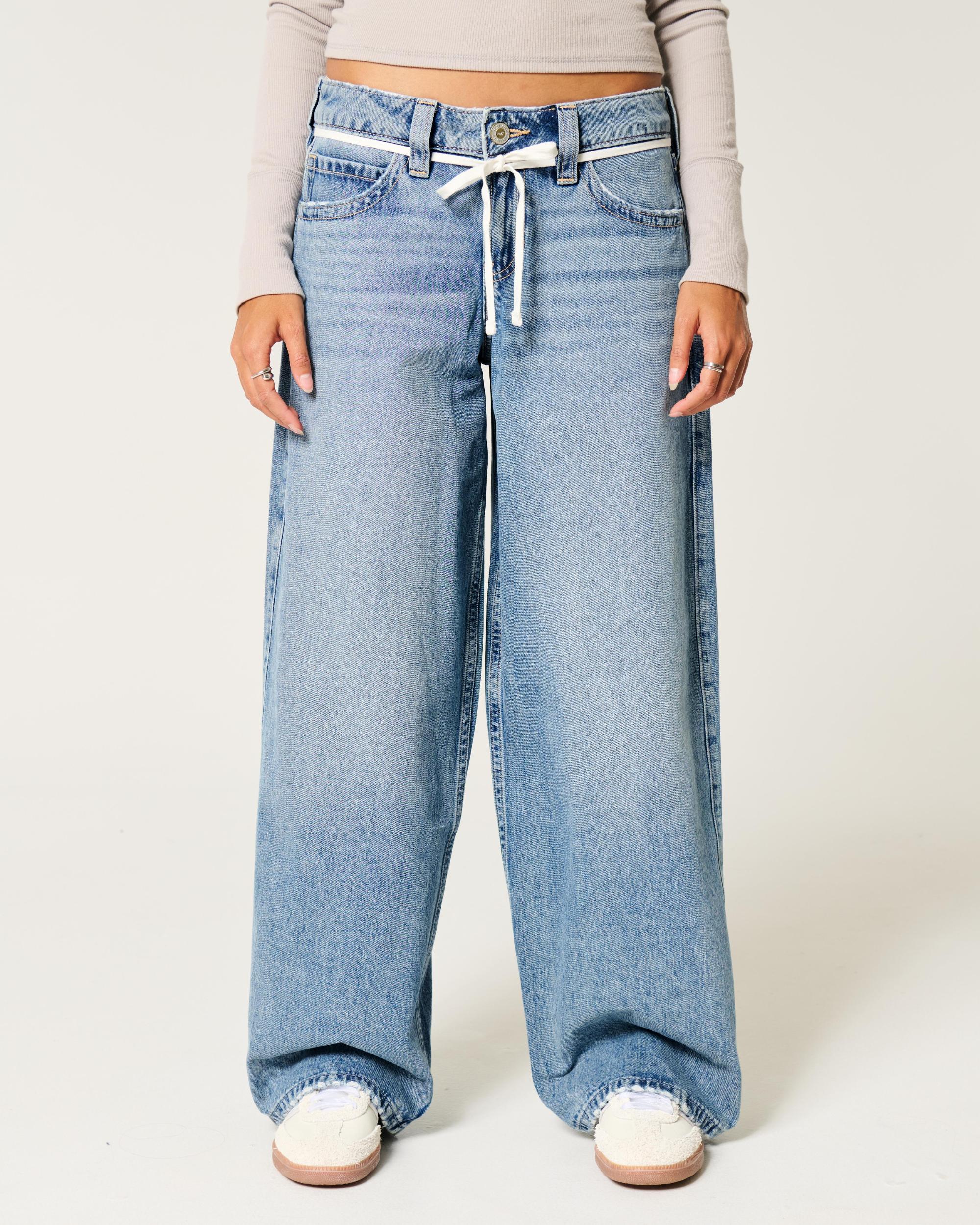 Low-Rise Medium Wash Shoelace Super Baggy Jeans Product Image