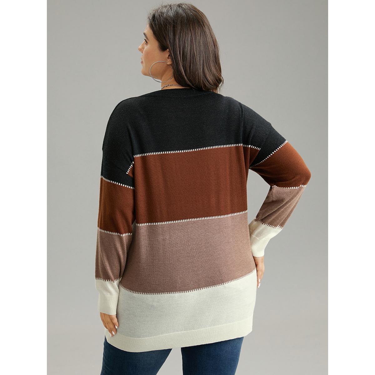 Plus Size Supersoft Essentials Colorblock Contrast Round Neck Pullover Multicolor Women Casual Loose Long Sleeve Round Neck Everyday Pullovers BloomChic 18-20/2X Product Image