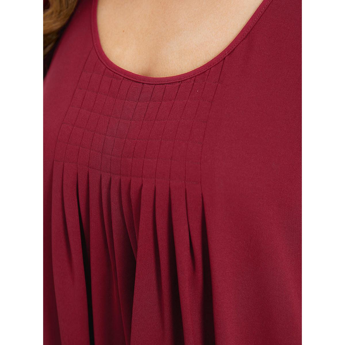 Plus Size Plain Plicated Detail Round Neck Ruffle Sleeve Dress Scarlet Women Casual Plain Round Neck Short sleeve Curvy Midi Dress BloomChic 18-20/2X Product Image