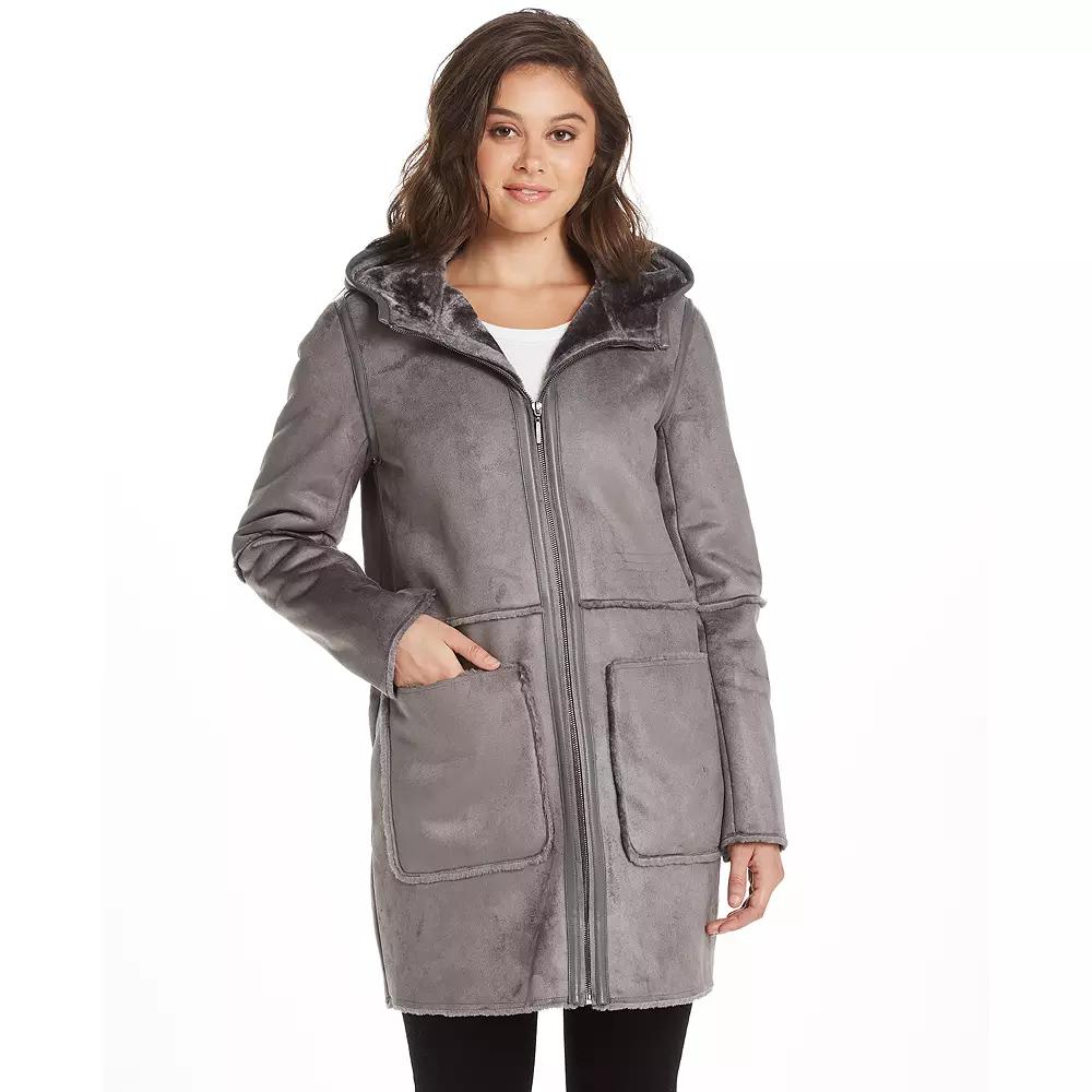 Women's Weathercast Hooded Heavyweight Faux Shearling Walker Jacket, Size: Small, Gray Grey Product Image