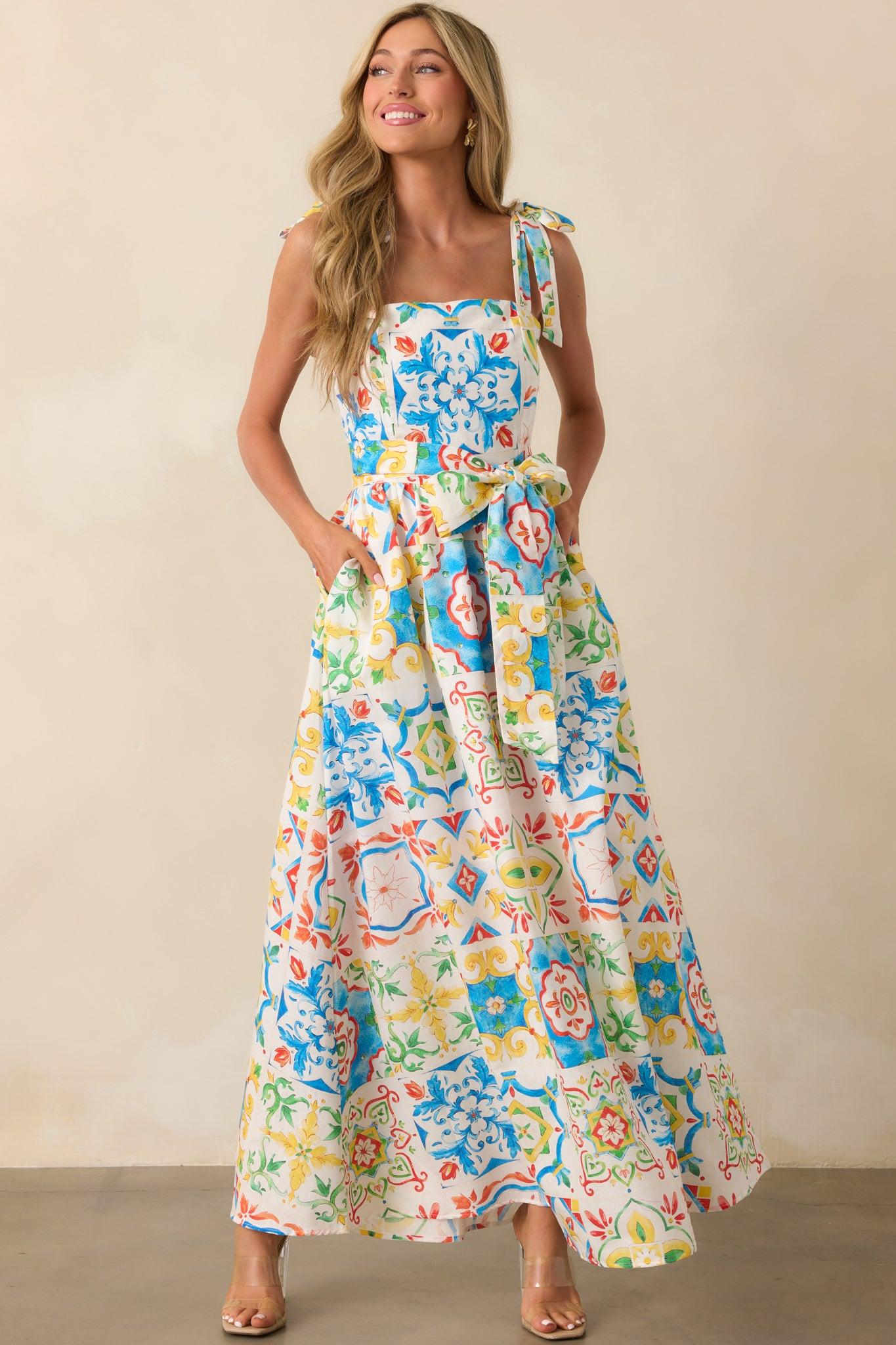 Prosperina Giovanna Blue Multi Sicilian Tile Print Linen Maxi Dress Product Image