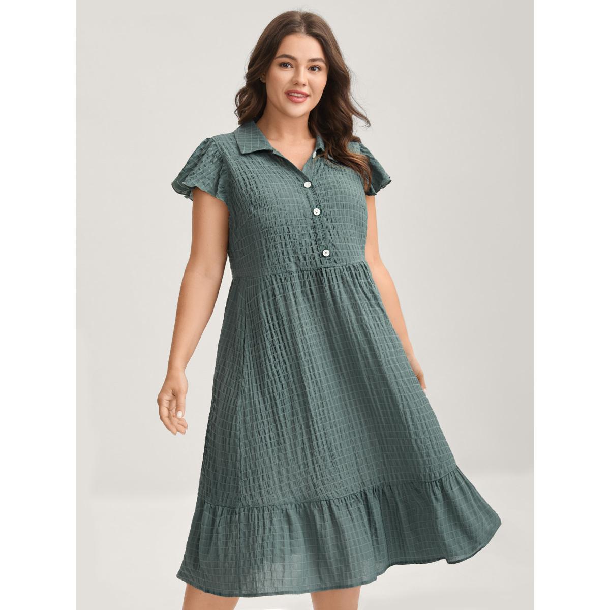 Plus Size Textured Pockets Collar Flutter Sleeve Midi Dress Moss Women Leisure Shirt collar Cap Sleeve Curvy BloomChic 28/5X Product Image