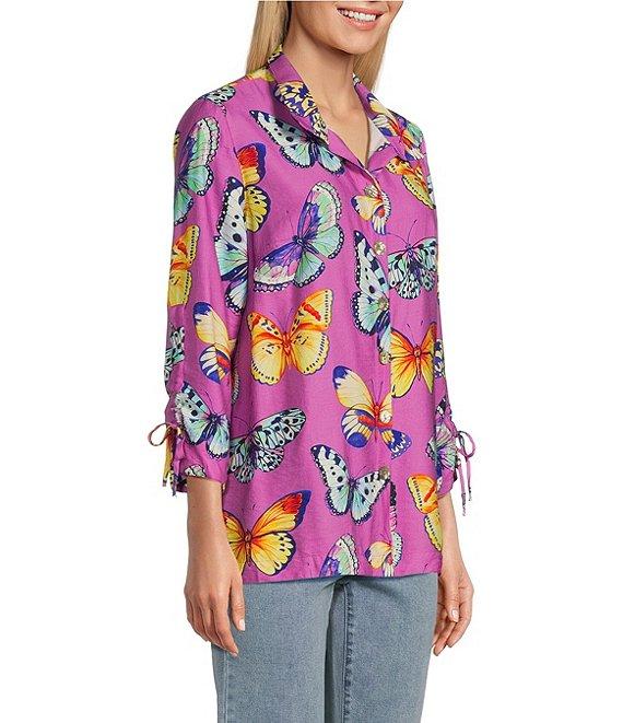 John Mark Butterfly Print Wire Collar Cinch Tie Sleeve Button Front Shirt Product Image