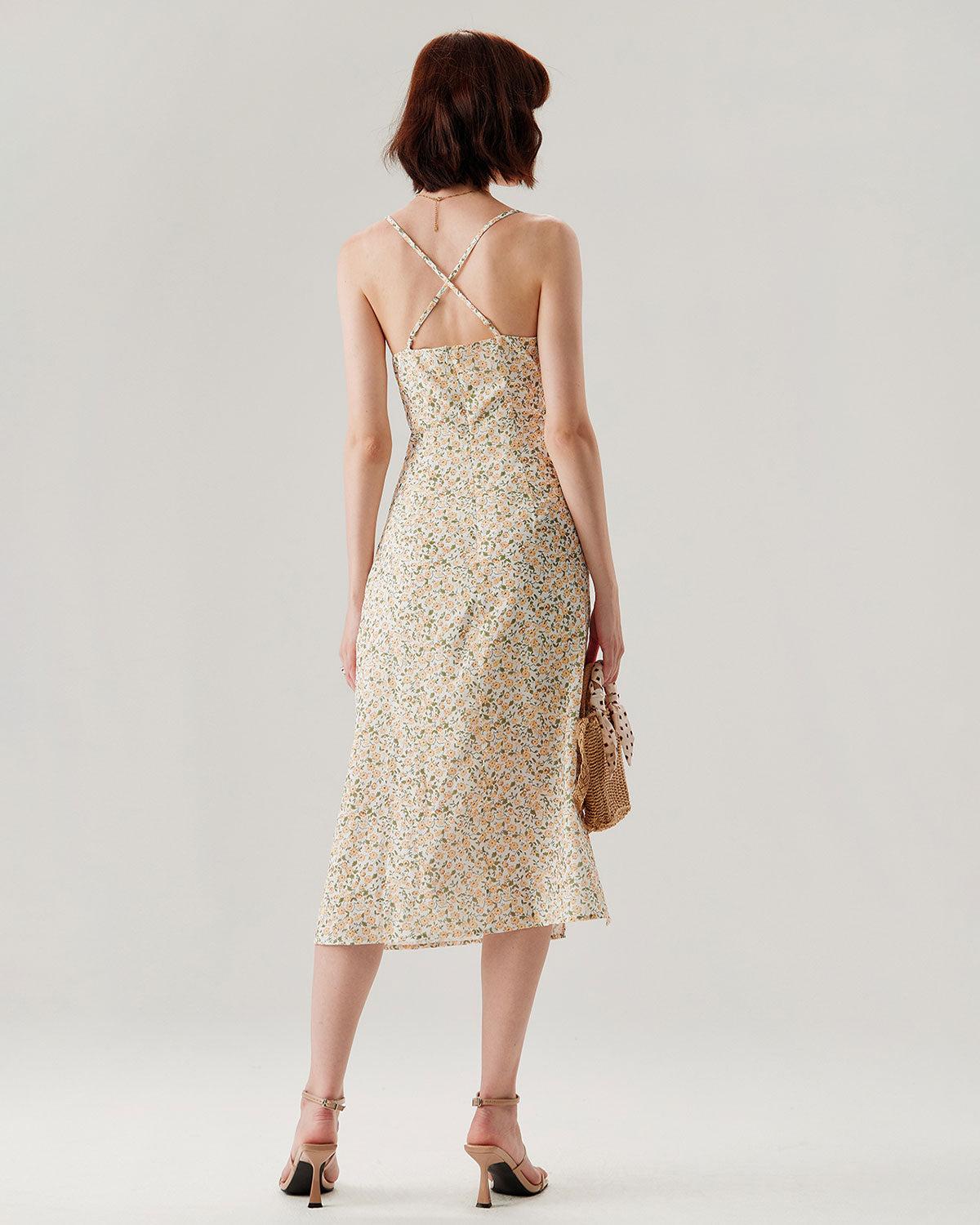 Yellow Floral Ruched Slip Midi Dress Product Image