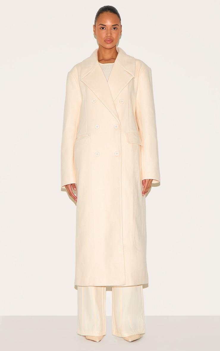 Ecru Wool Look Double Breasted Oversized Maxi Coat Product Image
