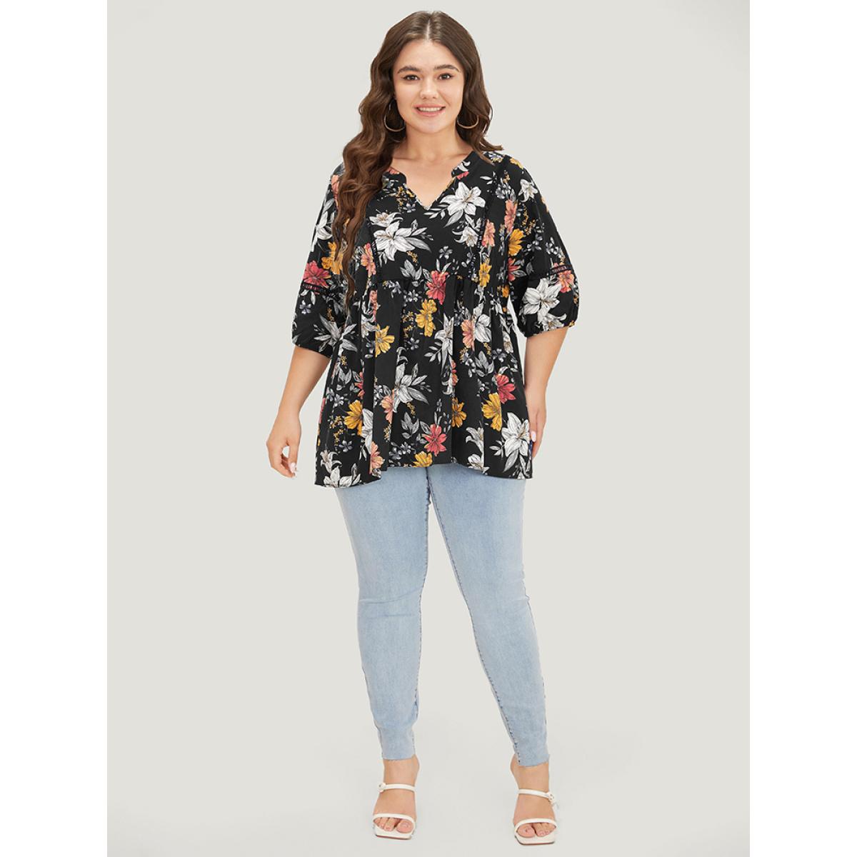 Plus Size Black Floral Lantern Sleeve Lace Gathered Notched Blouse Women Elegant Elbow-length sleeve Notched collar Dailywear Blouses BloomChic 12/L Product Image