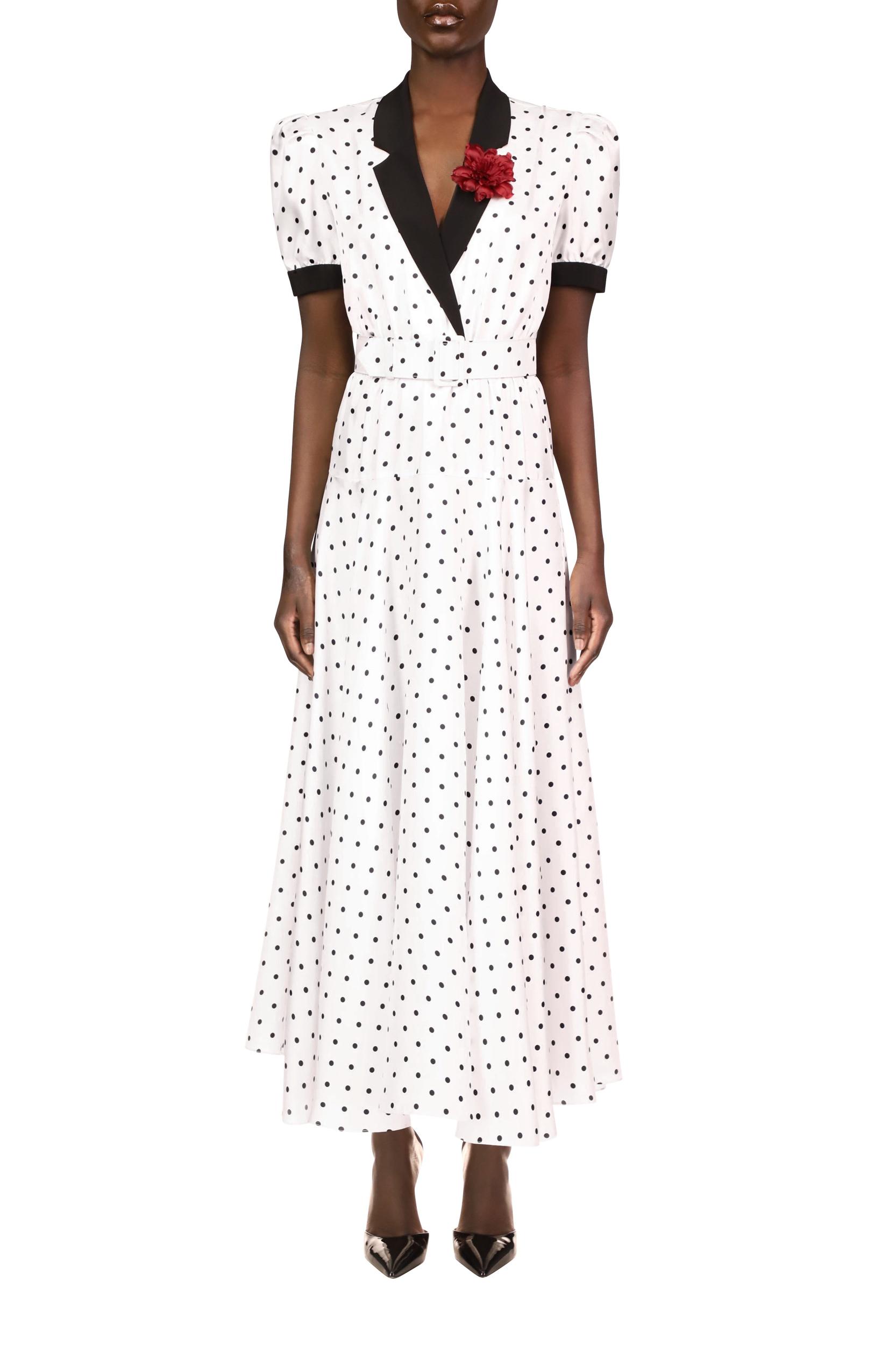 White and Black Polka Dot Silk Twill Collared Dress With Belt Product Image