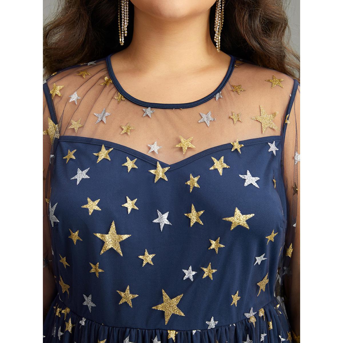 Plus Size Glitter Star Mesh Crew Neck Dress DarkBlue Women Cocktail Elastic cuffs Round Neck Long Sleeve Curvy Midi Dress BloomChic 18-20/2X Product Image