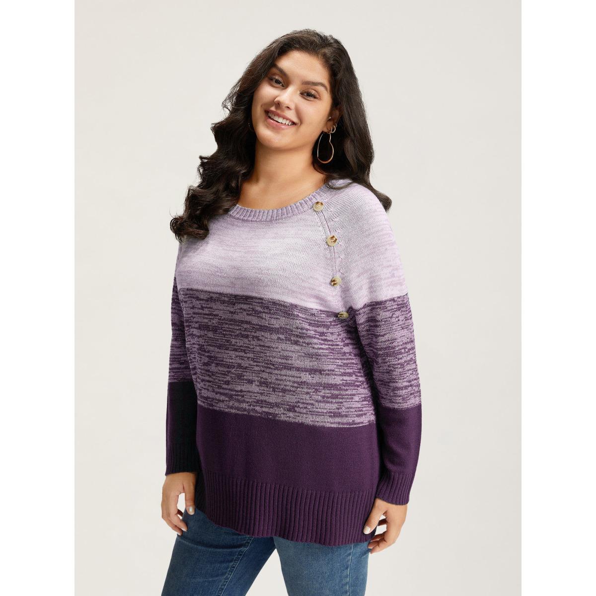 Plus Size Colorblock Contrast Heather Button Detail Pullover Purple Women Casual Long Sleeve Round Neck Everyday Pullovers BloomChic 18-20/2X Product Image