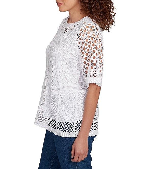 Ruby Rd. Crochet Lace Scoop Neck Elbow Length Sleeve Top Product Image