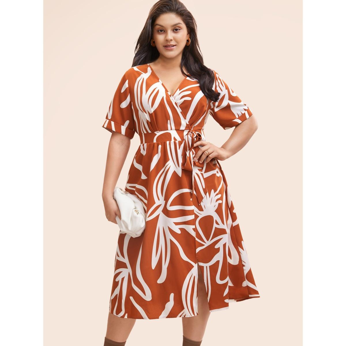 Plus Size Graffiti Overlap Collar Shirred Midi Dress Coral Women At the Office Overlapping Overlap Collar Short sleeve Curvy BloomChic 26/4X Product Image