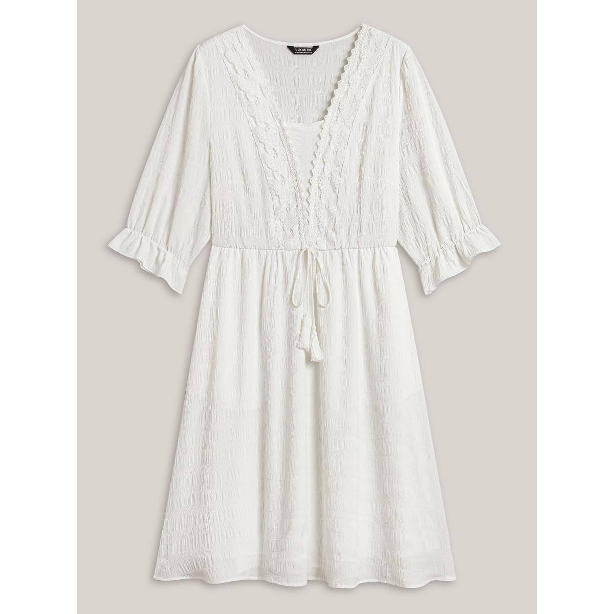 Plus Size Textured Lace Waist-Tie Midi Dress WhiteSmoke Women Tie knot Overlap Collar Elbow-length sleeve Curvy BloomChic 12/L Product Image