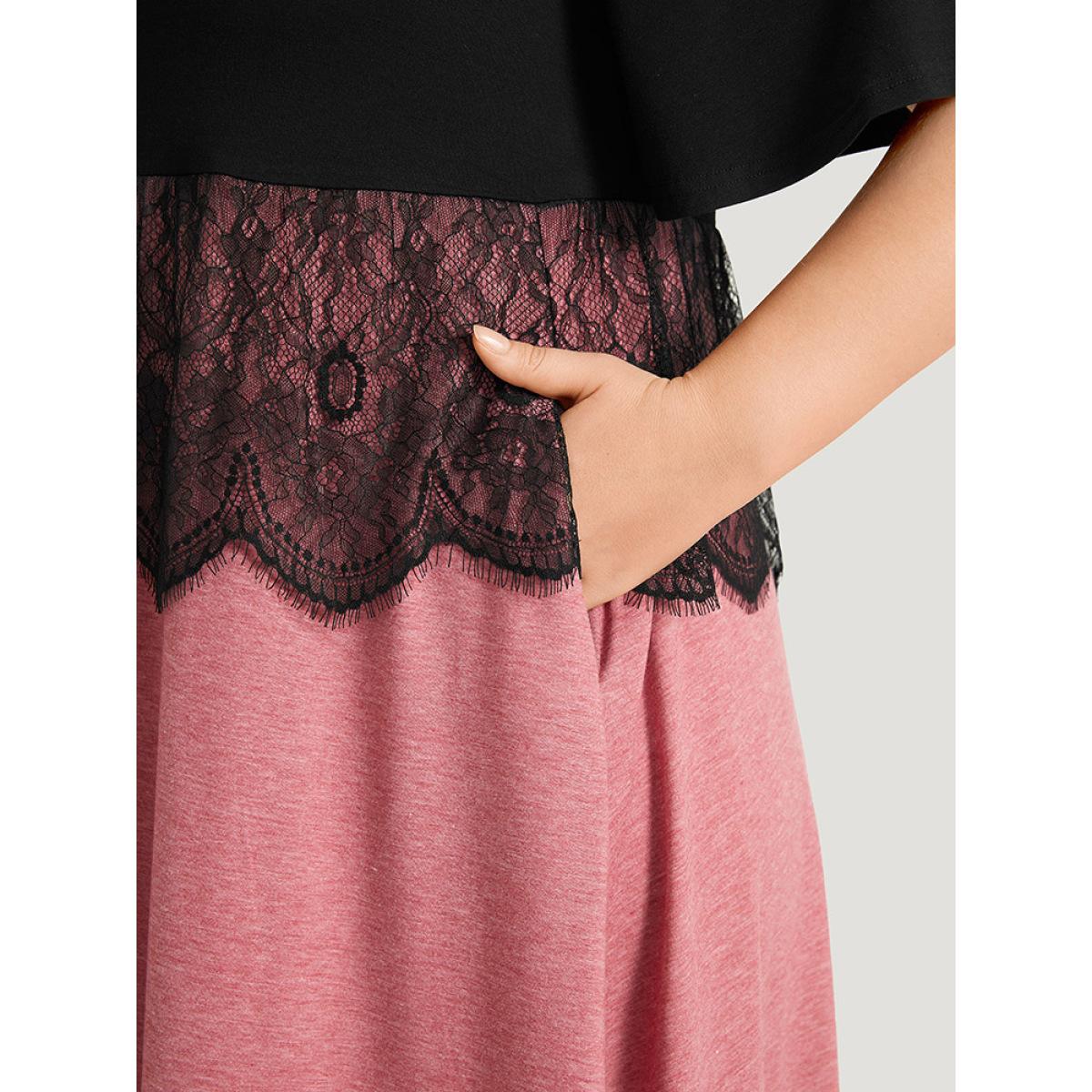 Plus Size Supersoft Essentials Colorblock Contrast Guipure Lace Flutter Sleeve Dress Rouge Women Casual Contrast Round Neck Short sleeve Curvy Midi Dress BloomChic 22-24/3X Product Image