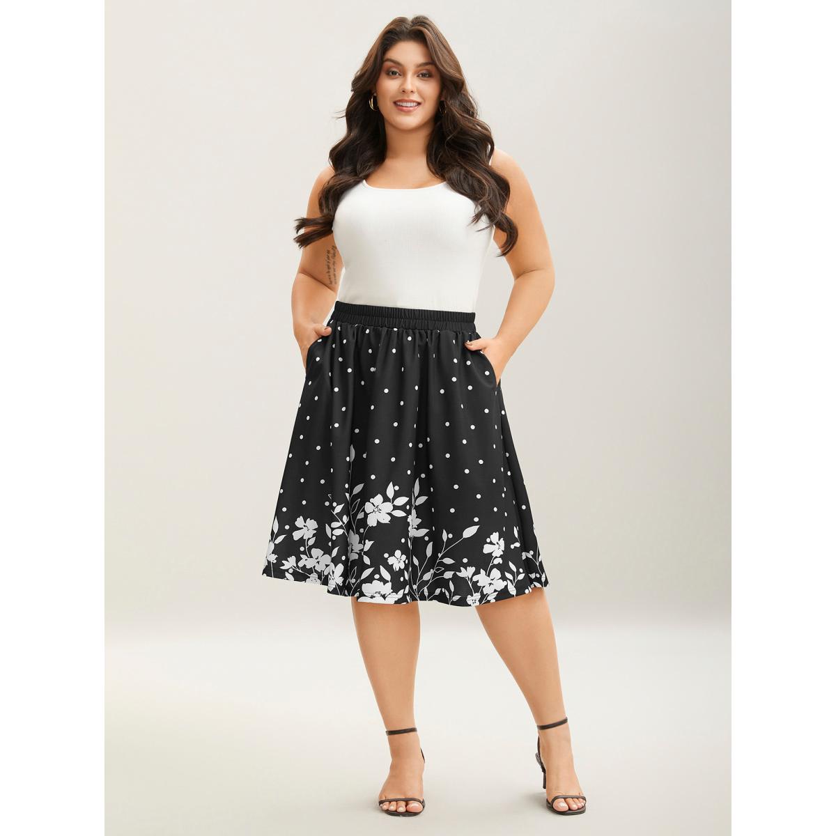 Plus Size Floral Print Pleated Midi Skirt Women BlackFlower Elegant Bodycon Low stretch Slanted pocket Everyday-Elegant Skirts BloomChic 14-16/1X Product Image