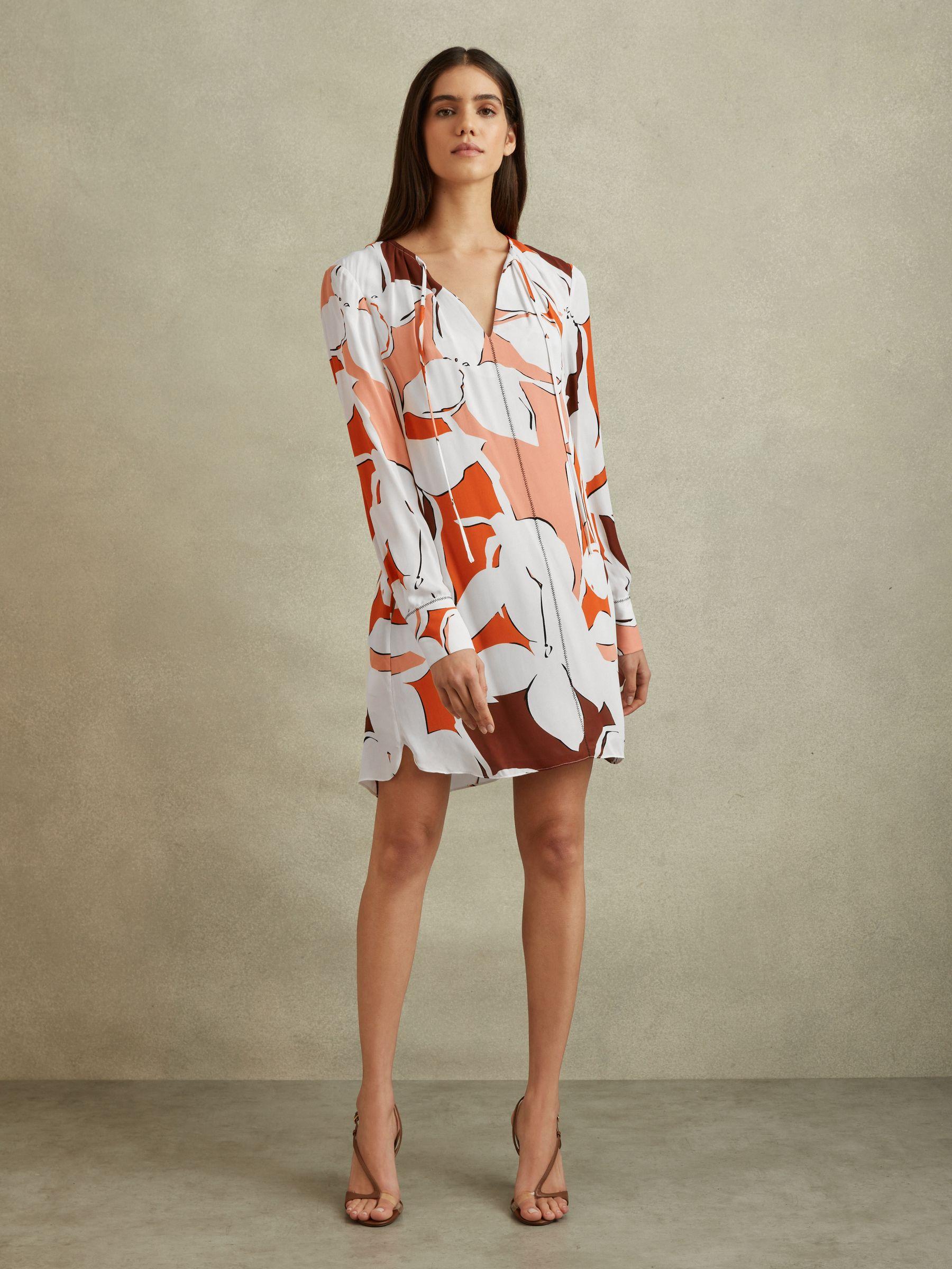 Printed Tie Neck Mini Dress in Cream/Red Product Image